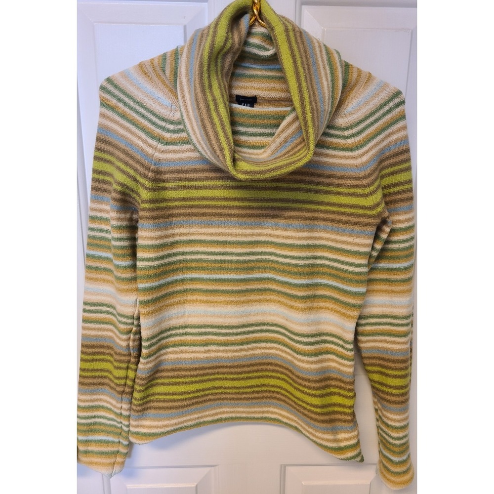 Gap Striped Turtleneck Sweater Green Tan Blue Sz S Gapstretch Cowl Librarian‎